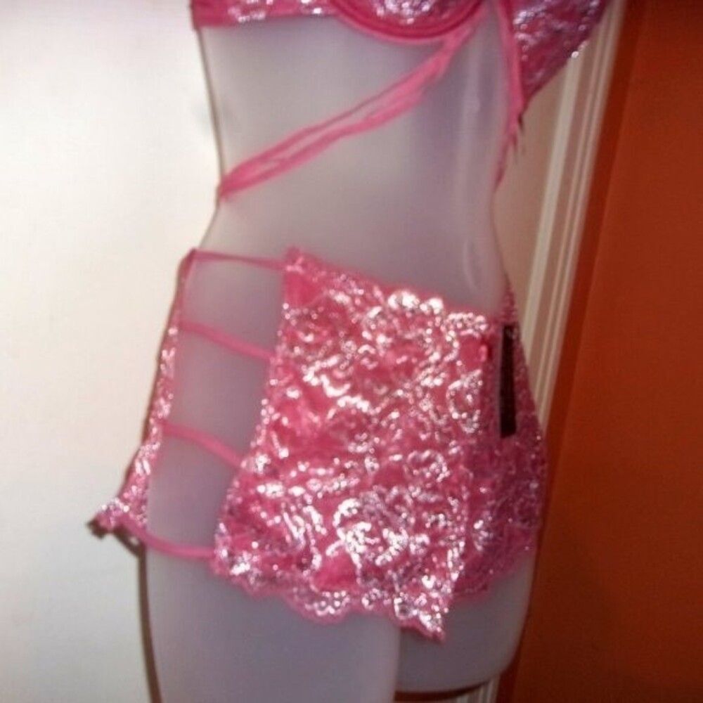 Youmita Mauvewood 34B Metallic Lace Plunge Bra Small Lace Caged Boyshorts NWT - Picture 11 of 14